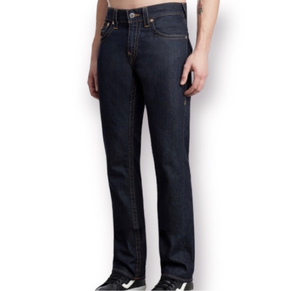 True Religion Straight Dark Wash Brown/Gold Stitch Jeans